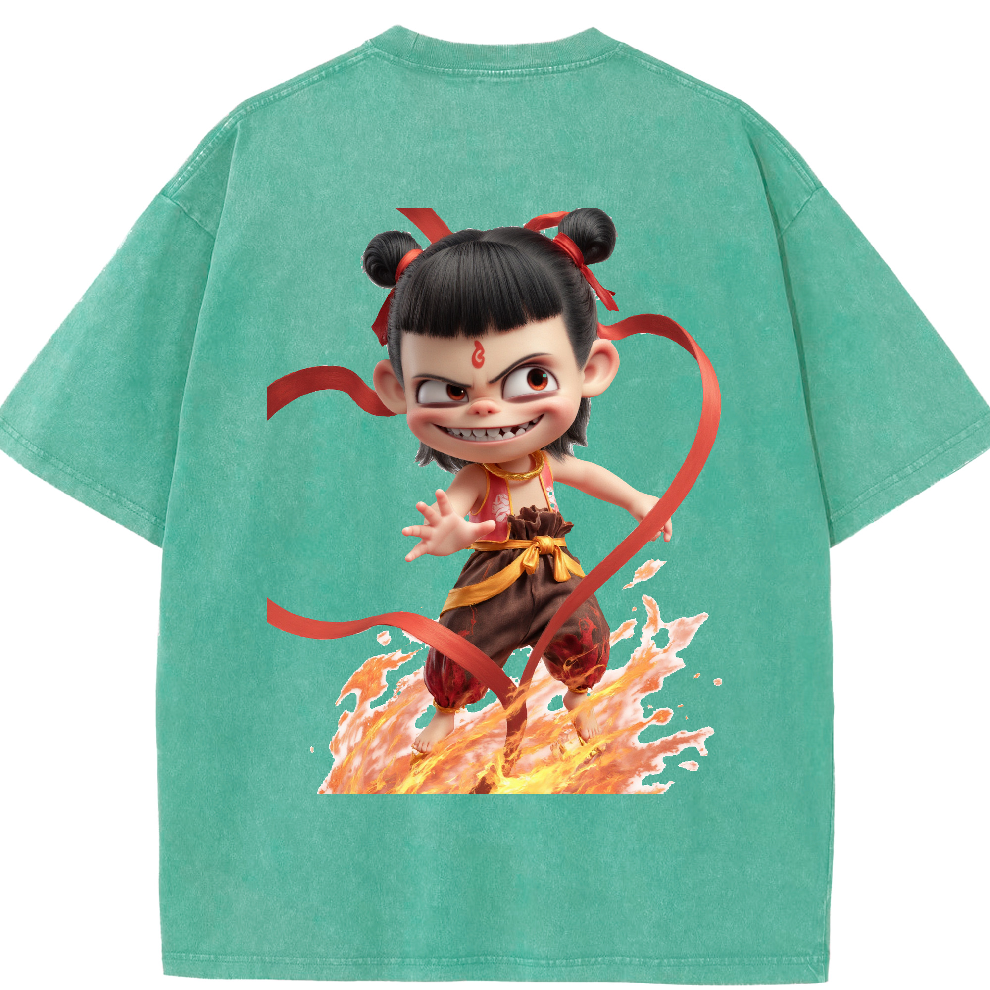 （画像用） Ne Zha 2 ナタ 魔童の大暴れ 綿100% ヴィンテージ風 半袖Tシャツ（背面プリント）